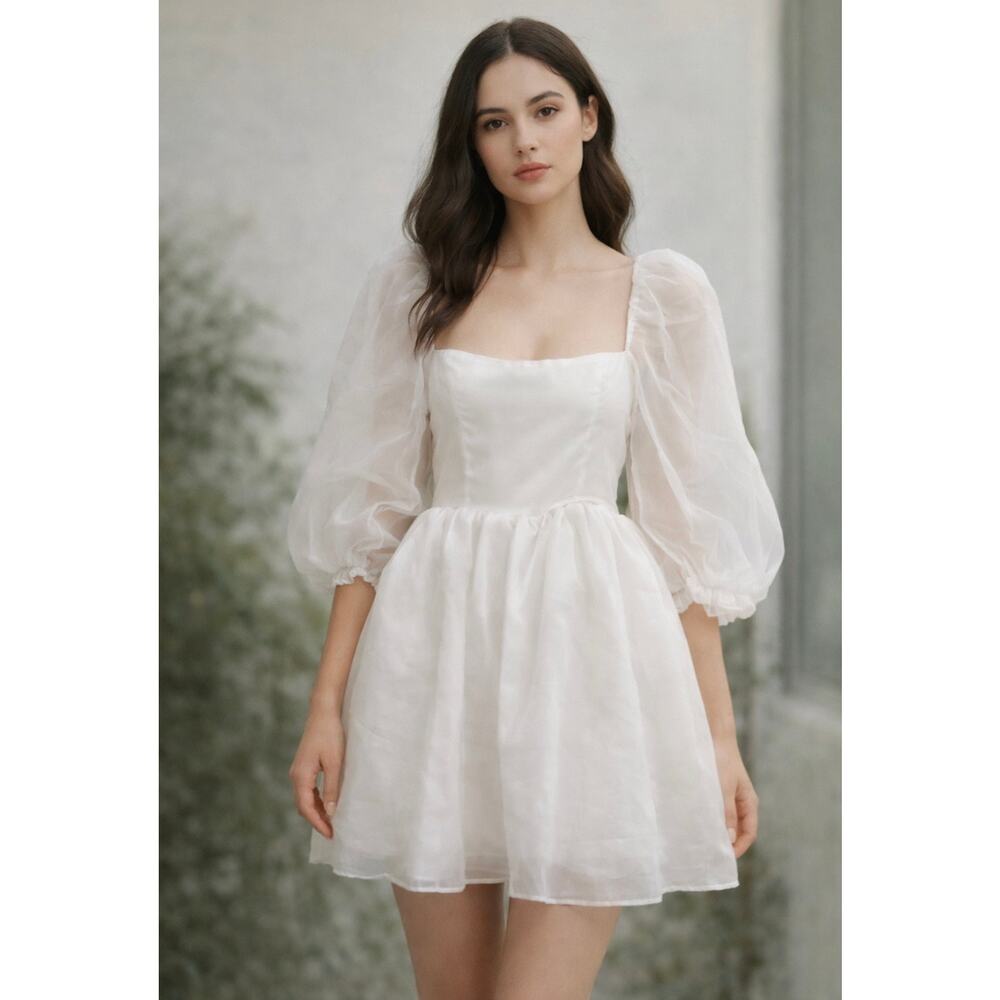 White Party Dress with Balloon Sleeves NWOT